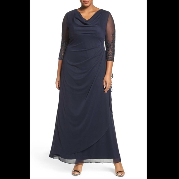 NEW Alex Evenings Beaded‎ Sleeve Ruched Waist Gown Dark Navy Blue [PLUS SZ 24W ] - Picture 7 of 7